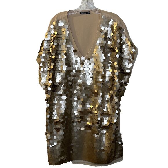 Womens Boohoo Dress Size 16 pullover embellished light brown FLAWS stained - Picture 1 of 16